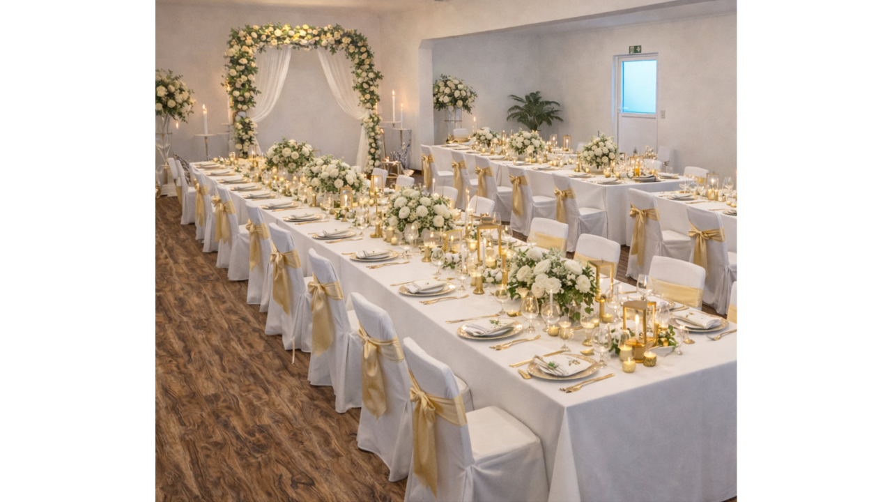 Hochzeitsfeier in Jimmys Eventlocation Giebelstadt mit festlich gedeckter Tafel und weißen Stuhlhussen