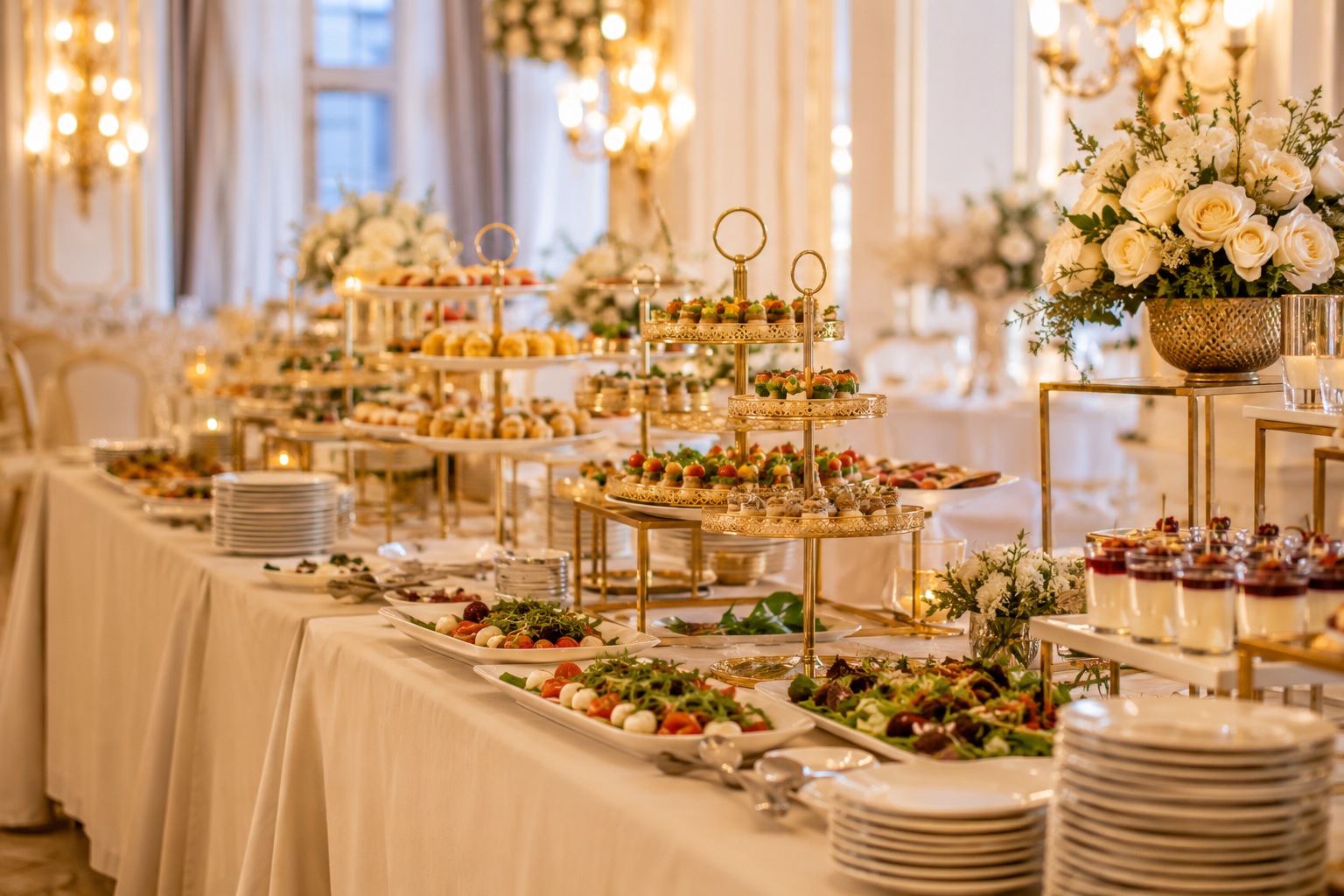 Elegant angerichtetes Hochzeitsbuffet in Jimmys Eventlocation Giebelstadt